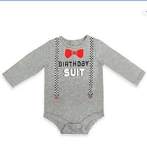 Kidtopia Birthday Suit Long Sleeve Grey Bodysuit Faux Bow Suspenders 9M NEW